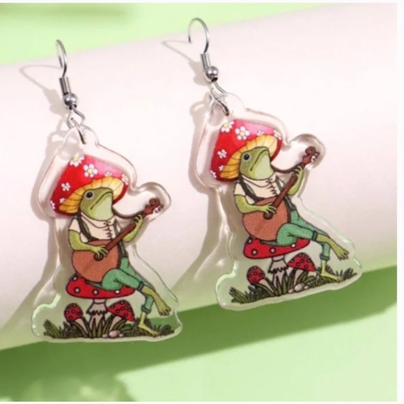 ❤️ FREE Mushroom Frog Toad Guitar Art Artsy Plant Drop Music Farm Hip Earrings - Picture 3 of 3